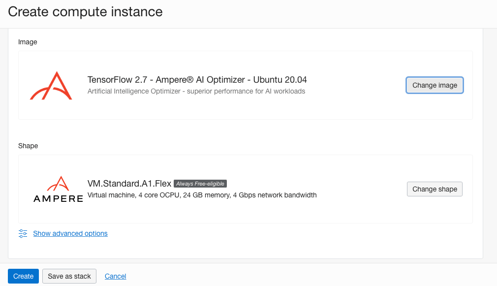 Tensorflow 2.7 – Ampere AI Optimizer – 已选择 Ubuntu 20.04 镜像