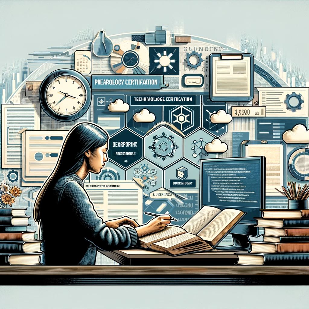Sitting at a computer, next to a stack of books