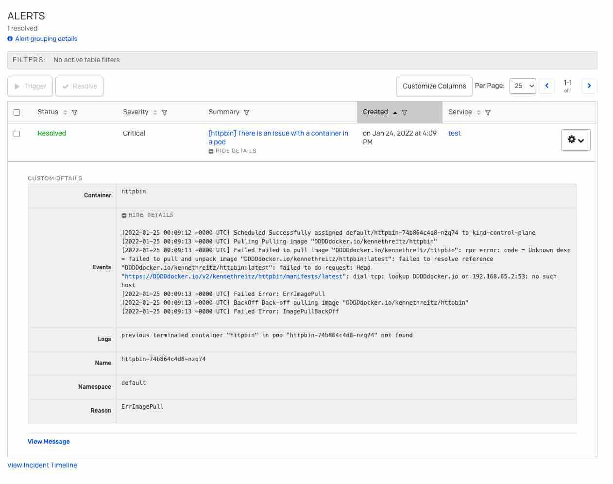 PagerDuty dashboard with an alert