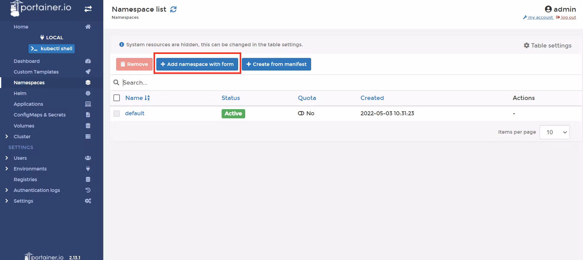 Portainer - add namespace with form